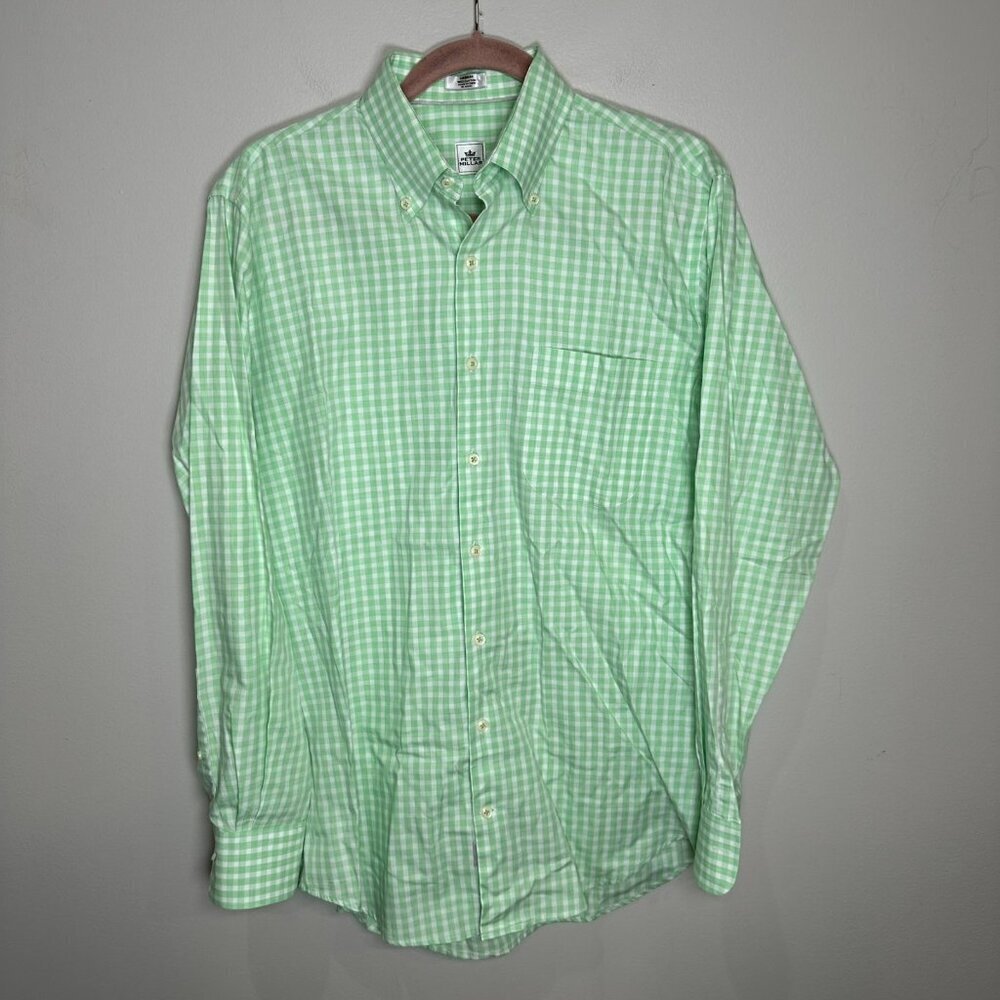 Peter Millar Button Up Shirt Mens Medium Green White Check Crown Finish Casual
